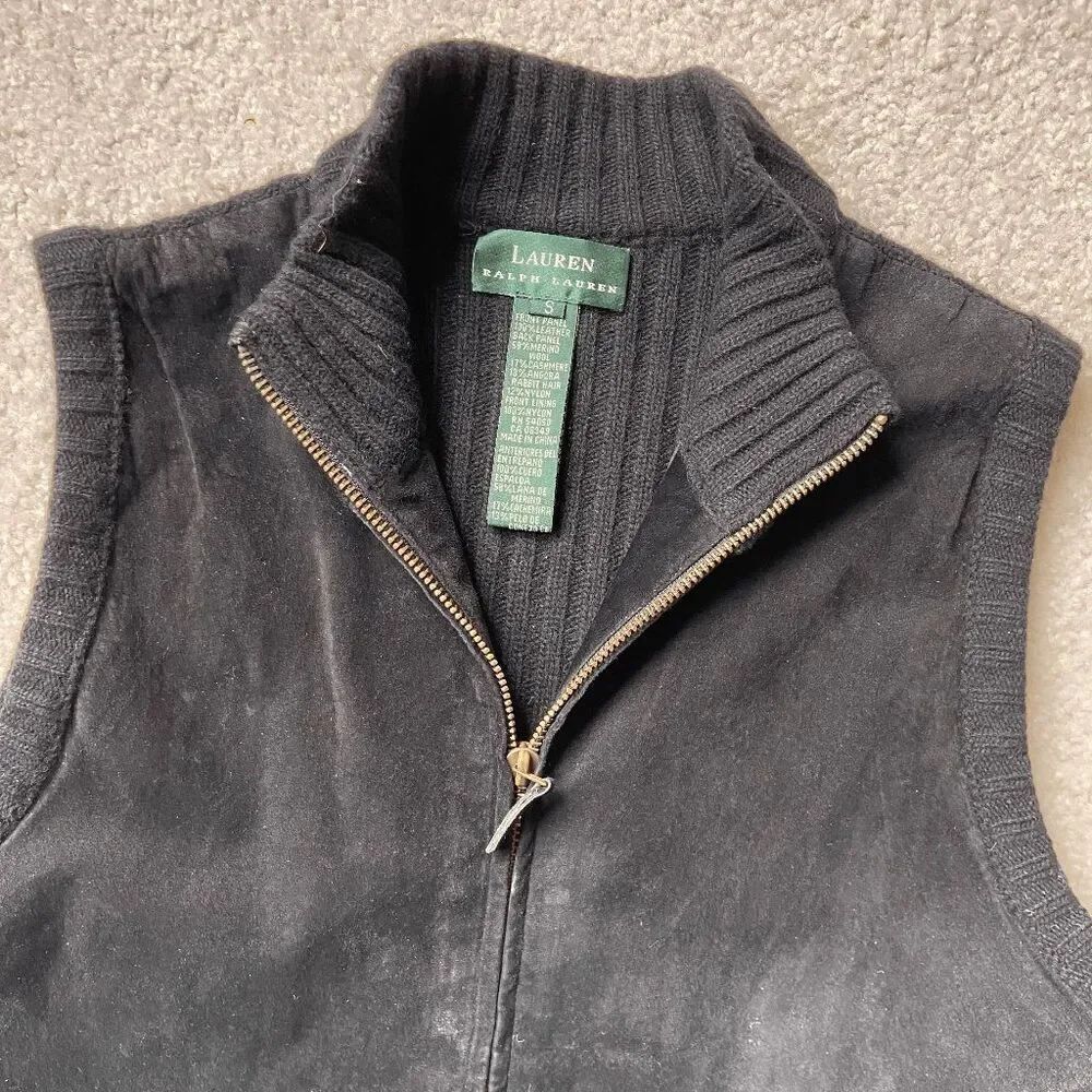 VTG Ralph Lauren Suede & Wool Ribbed Back Waistcoat Vest – S - Picture 2 of 7